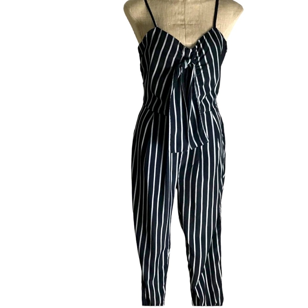 BLUE & WHITE STRIPE JUMPSUIT WITH PARTIAL BACK OUT